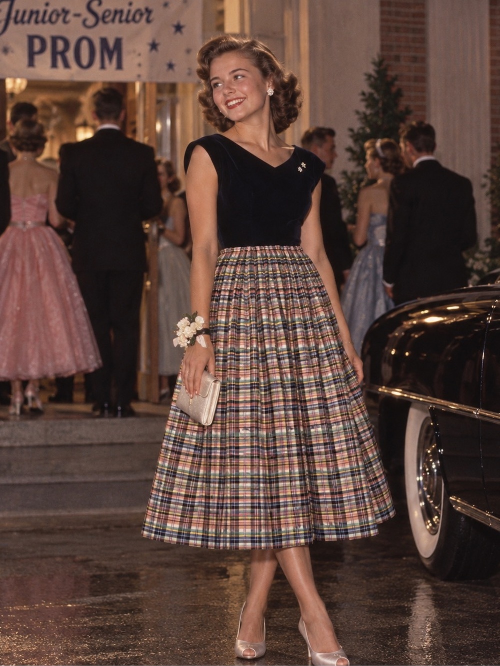 1950s Blue Velvet and Plaid Party Dress
